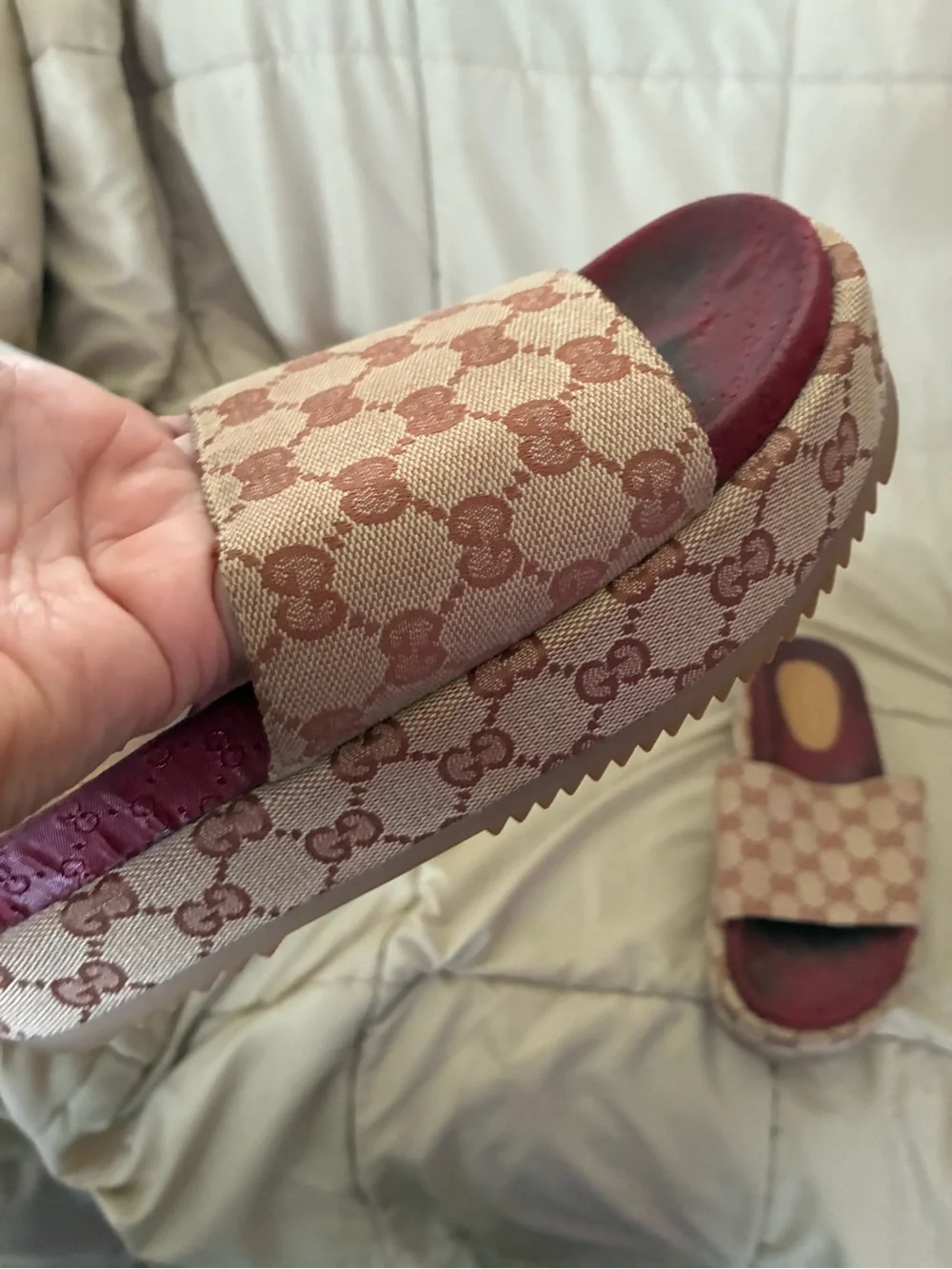Authentic Gucci Beige & Dusty Pink GG Canvas Slide Sandals